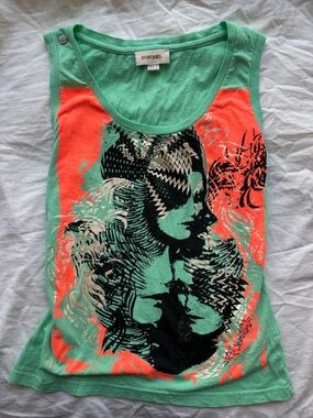 Diesel Mint Green & Coral Graphic Sleeveless Tank